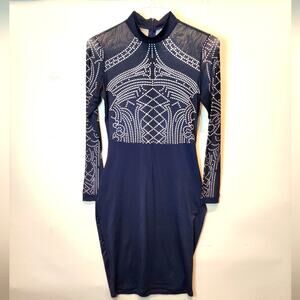 Blue Bodycon Mock Turtleneck‎ Dress Fitted Sheer Back Sexy Dress Size M